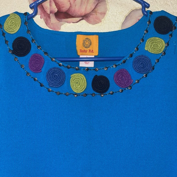 Ruby Rd. Blue Top with Colorful Embellishments - Picture 2 of 4